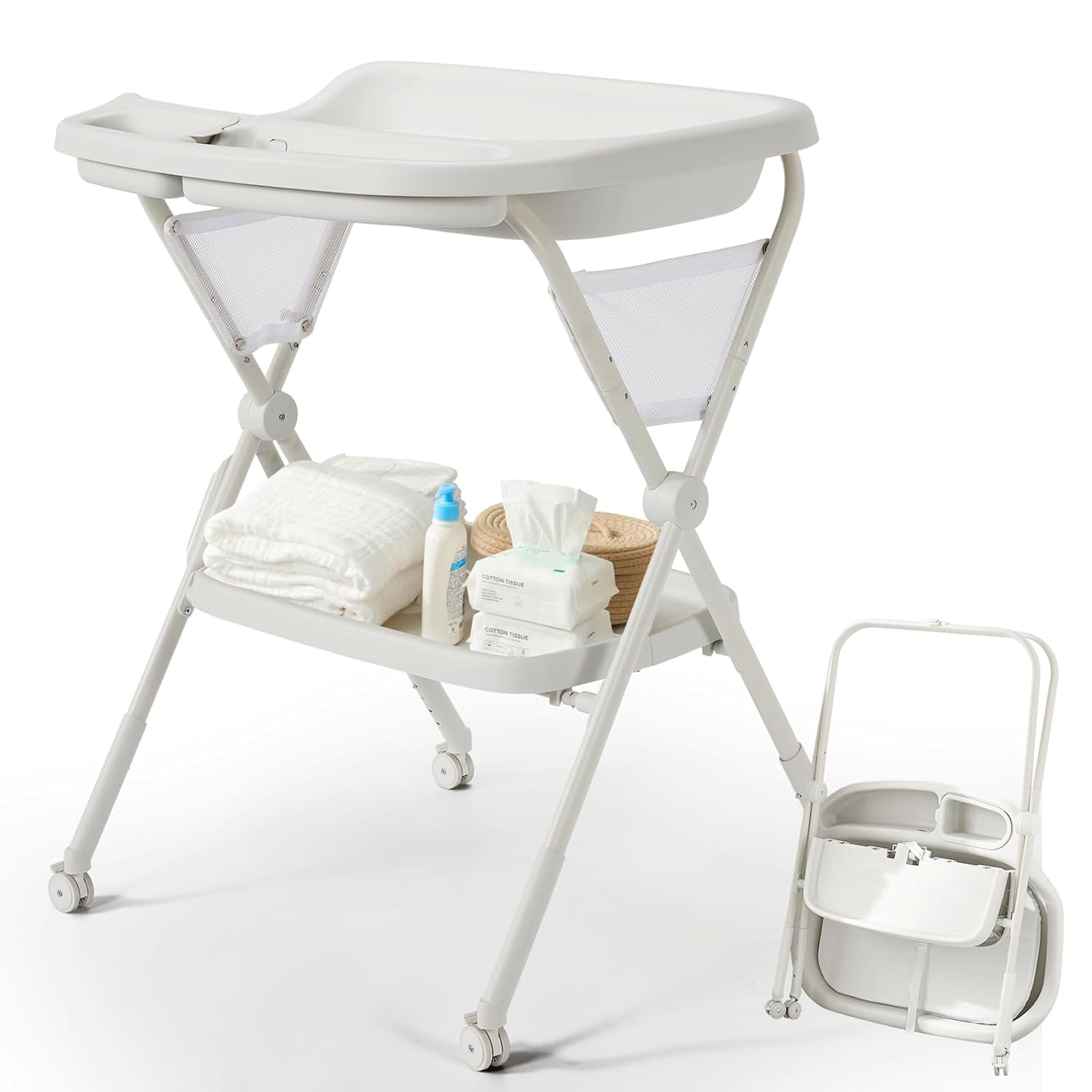 Baby Changing Table with Wheels, Foldable Adjustable Height Diaper