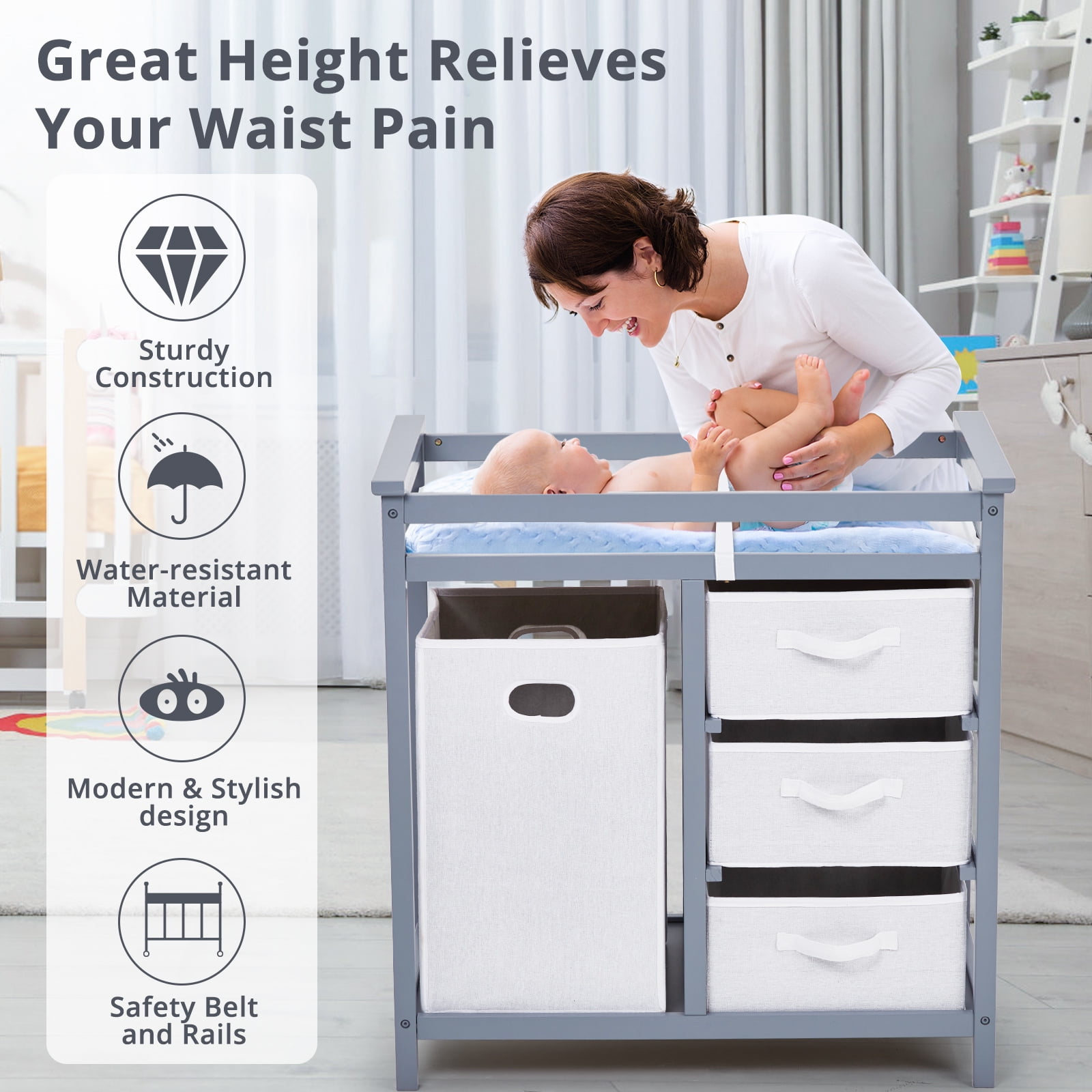 Baby Changing Table, Wooden Diaper Changing Table, Infant Diaper Changing Station Dresser with