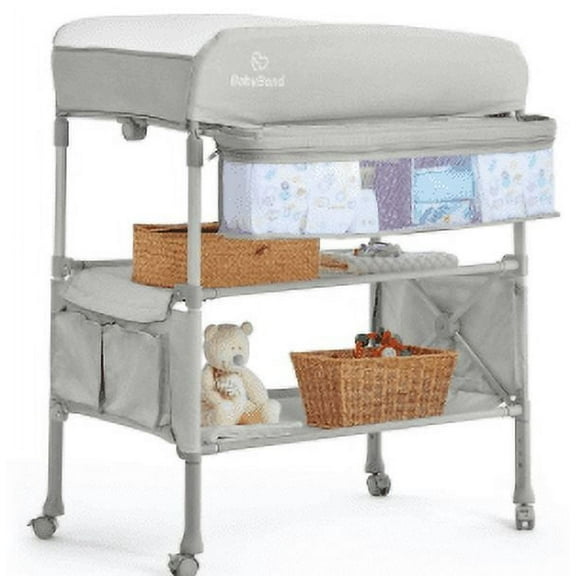 Baby Changing Table for Newborn, Portable Waterproof Adjustable Height w/ wheel (Beige)