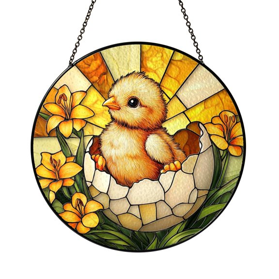 Baby Chick Glass Suncatcher Window Decor, Stained Glass Style Farm Inspired Hanging Art
