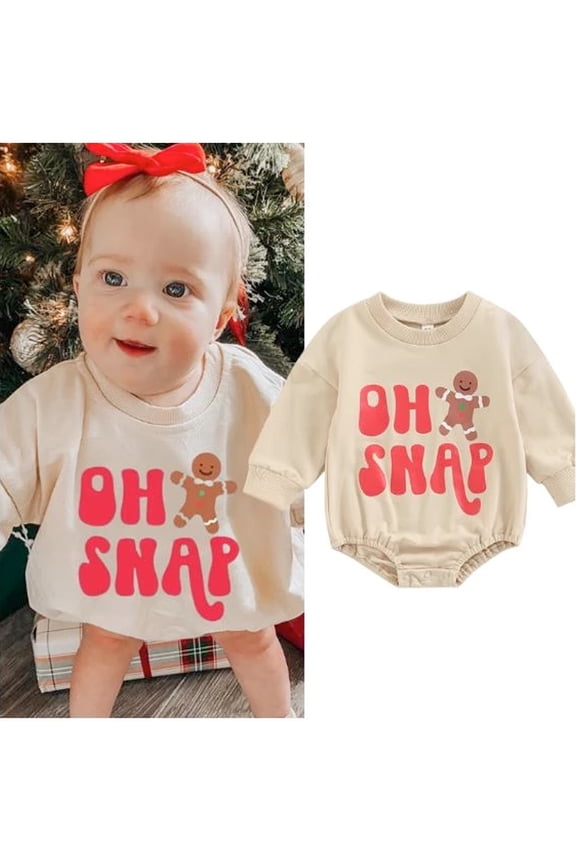 Baby Christmas Outfit Girl Boy Oh Snap Sweatshirt Romper Letter Gingerbread Man Print Long Sleeve Onesie Cute Fall Winter Clothes
