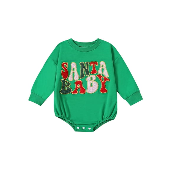 Baby Christmas Romper Letter Embroidery Long Sleeve Crew Neck Bodysuit