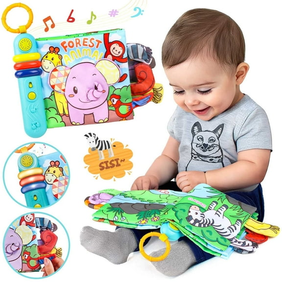 Hot Bee Musical Cloth Book Toy, Soft Crinkle Book with Animal Sounds & 3D Tails, Tummy Time Book Sensory Toy for Kids, Tear-Resistant Fabric, Girl Boy Easter Christmas