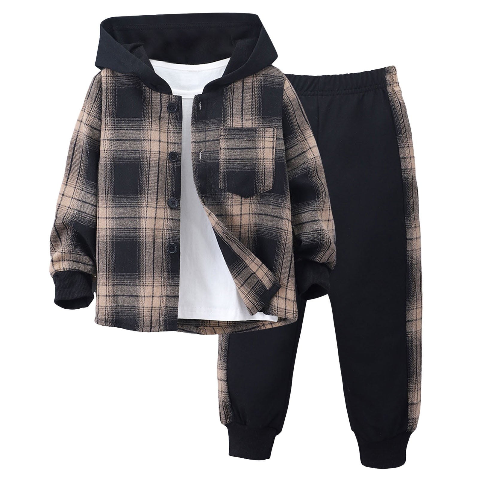 Baby Clothes Boy Toddler Boy Fall Outfits Toddler Boys Clothes Plaid Panel Long-sleeve Hooded Shirt + Sweatpants Fall Winter Outfits Set Brown 6 Years