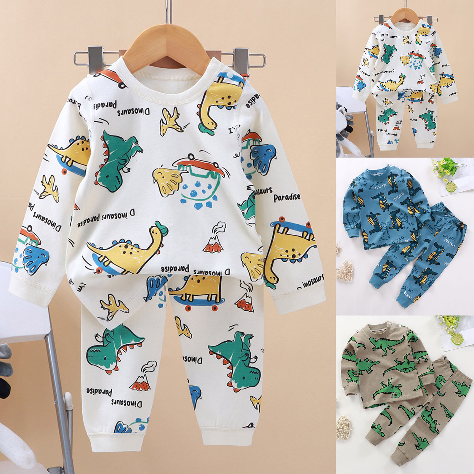 Baby Clothes Unisex Homewear Dinosaur Cartoon Printed Long Sleeve