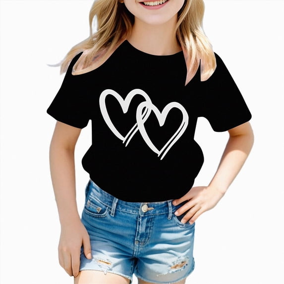 Baby Clothes for Girls Cute Graphic Girls Shirts Round Neck Short Sleeve T Shirt Soft Stretch Cotton for School Black 5-6 Years