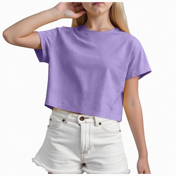 Baby Clothes for Girls Short Sleeve Crop Top Oversized Crewneck Cute Athletic Tee for Summer Daily Fashion Purple 7-8 Years