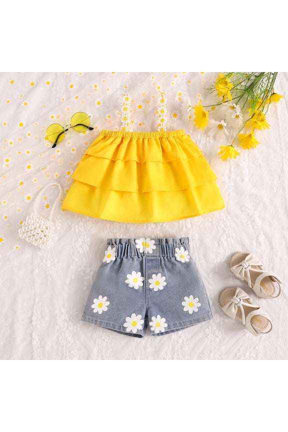 Baby Clothes for Girls Sleeveless Ruffle Daisy Vest Top with Denim Floral Shorts Set Girls Outfits Yellow 6-12 Months