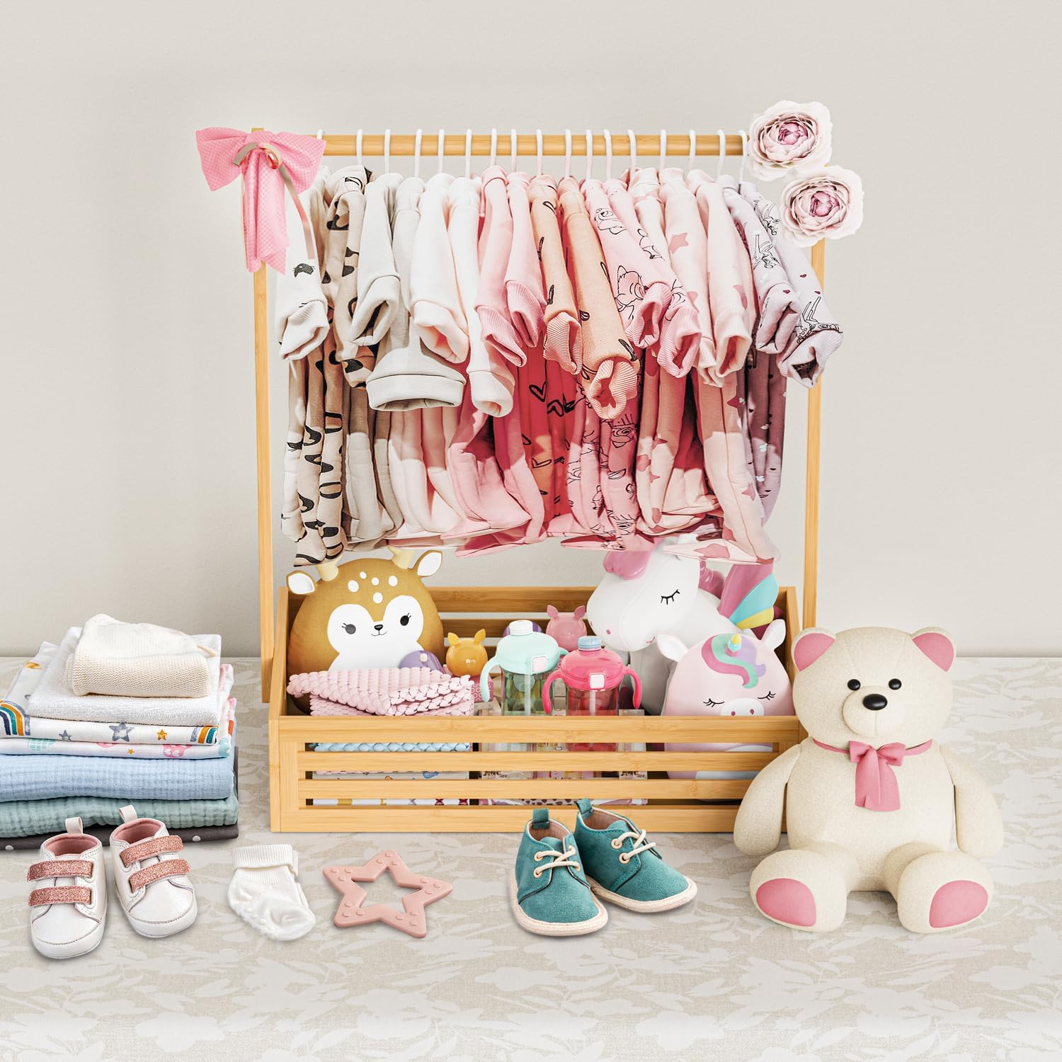 Baby Cloth Rack Present Baby Clothing Rack with Storage Box, Adjustable Hanging Rod for Pets ...