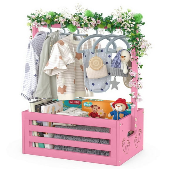 BambooHomie Baby Shower Crate Closet, Baby Baskets Box with Hangers for Newborn, Welcome Pregnancy Gift Basket for New Parents (Pink, Small Size)