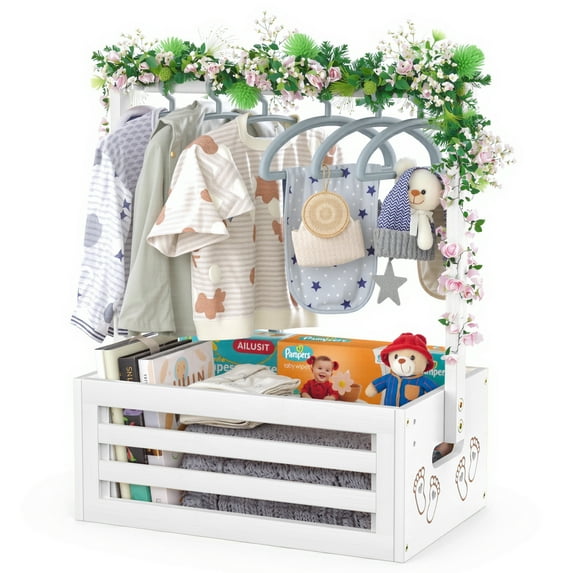 BambooHomie Baby Shower Crate Closet, Baby Baskets Box with Hangers for Newborn, Welcome Pregnancy Gift Basket for New Parents (White, Small Size)