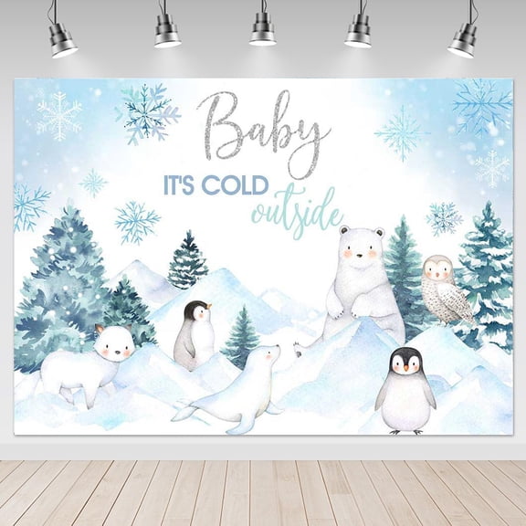 Baby It's Cold Outside Baby Shower Backdrop Arctic Animals Winter Woodland Party Decorations Banner Snowflake Cute Polar Bear Penguin Photography Background