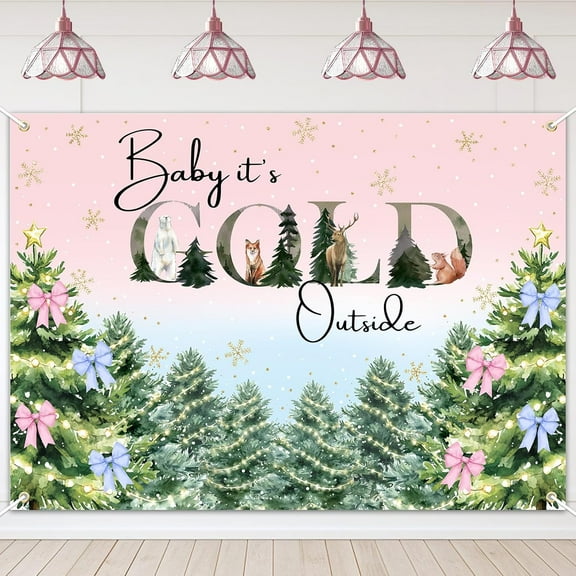 Baby It's Cold Outside Backdrop Pink and Blue Baby It's Cold Outside Photography Background Bow Pine Tree Snowflakes Winter Newborn Gender Reveal Party Decorations Banner Supplies Photo Booth Props