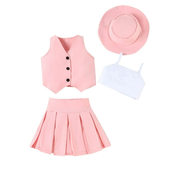 Baby Coming Home Outfit Girl Baby Winter Outfit, Girls Fashion V-neck Breasted Suspender Top Pleated Skirt Hat Four Piece Set