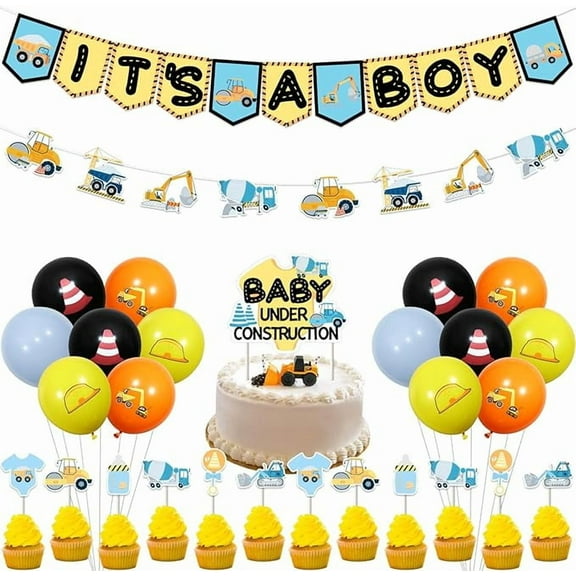 Baby Under Construction Baby Shower Decorations: Orange, Yellow, Blue Construction Themed Banner, Cupcake Toppers, Cake Toppers, Balloons for Baby Boys Baby Shower