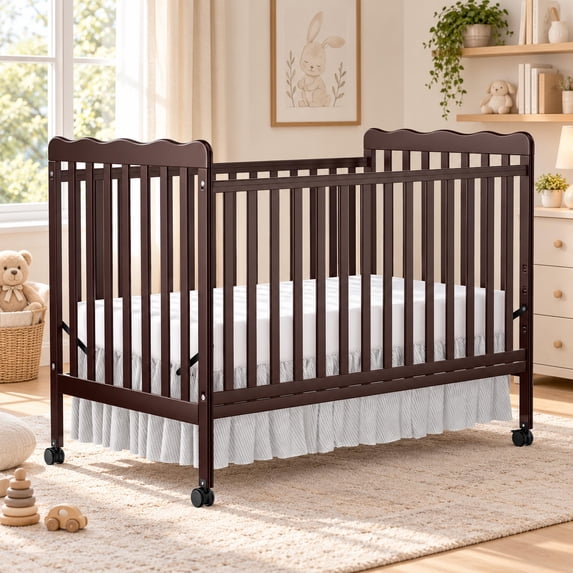 Baby Convertible Crib 3 In 1, Converts from Baby Crib to Toddler Bed, New Zealand Pinewood Baby Bed with Locking Wheels and Teething Rail, Crib with 4 Height Adjustment and Non Toxic Finish, Espresso