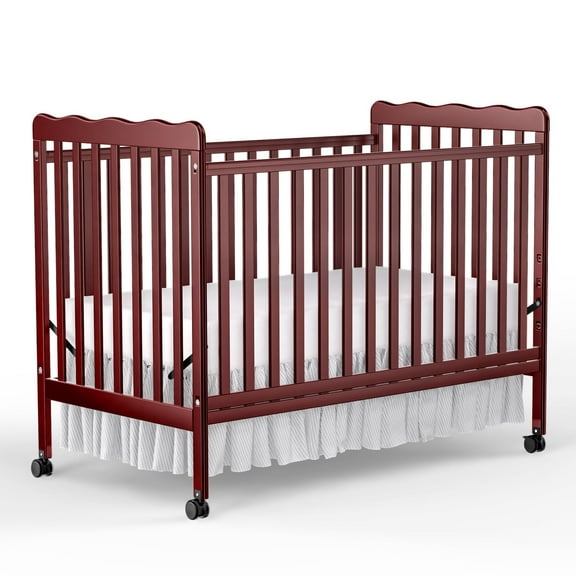 Baby Convertible Crib 3 In 1, Converts from Baby Crib to Toddler Bed, New Zealand Pinewood Baby Bed with Locking Wheels and Teething Rail, Crib with 4 Height Adjustment and Non Toxic Finish, Cherry
