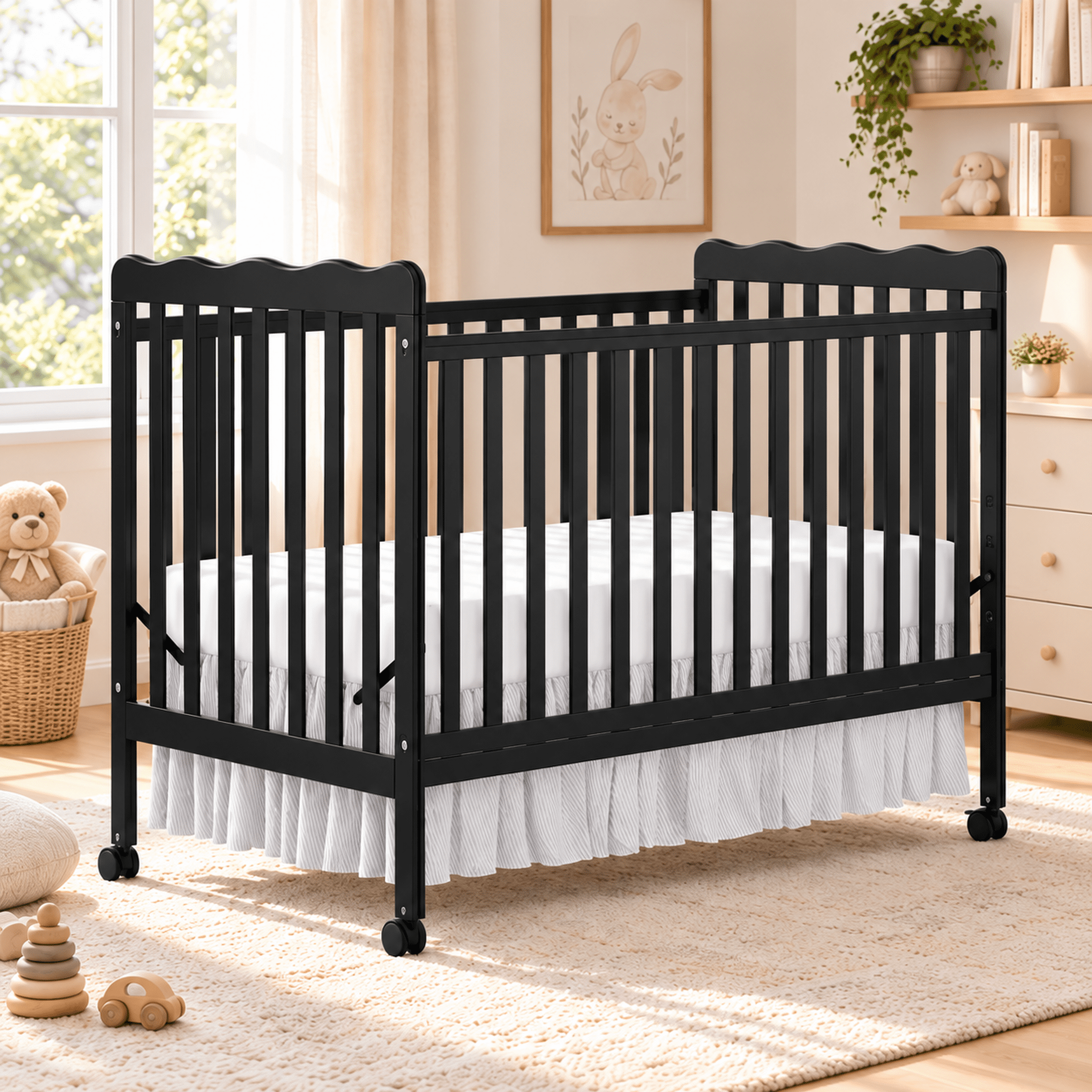 Baby Convertible Crib 3 In 1, Converts from Baby Crib to Toddler Bed, New Zealand Pinewood Baby Bed with Locking Wheels and Teething Rail, Crib with 4 Height Adjustment and Non Toxic Finish, Black