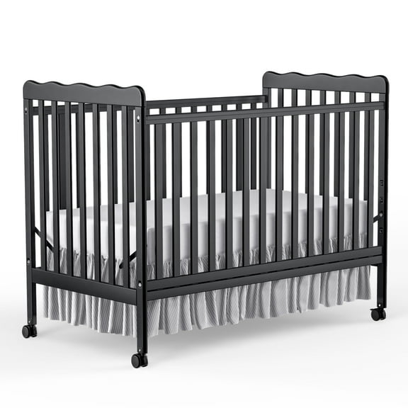 Baby Convertible Crib 3 In 1, Converts from Baby Crib to Toddler Bed, New Zealand Pinewood Baby Bed with Locking Wheels and Teething Rail, Crib with 4 Height Adjustment and Non Toxic Finish, Black