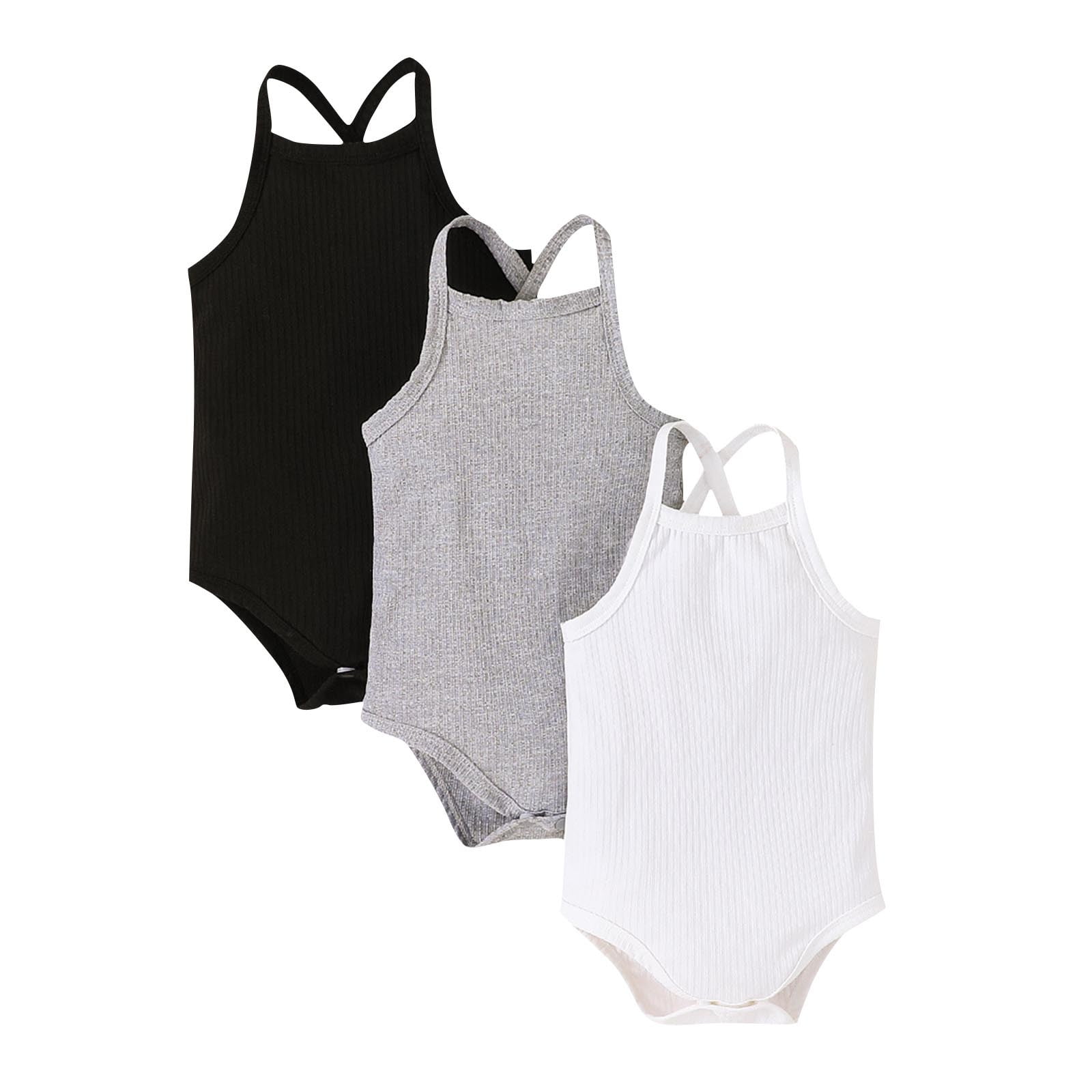 Baby Cotton Bodysuit 3 Pack Sleeveless Ribbed Rompers Cross-Back Basic Onesies Unisex Casual Short Jumpsuits, Black, 6 Months