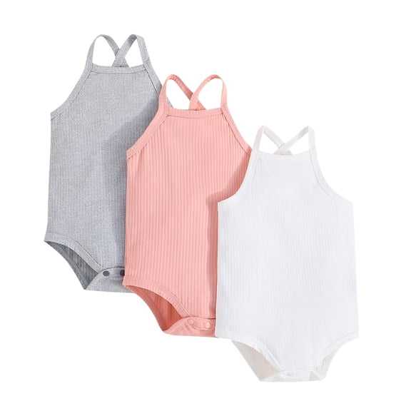 Baby Cotton Bodysuit 3 Pack Sleeveless Ribbed Rompers Cross-Back Basic Onesies Unisex Casual Short Jumpsuits, Gray, 6 Months