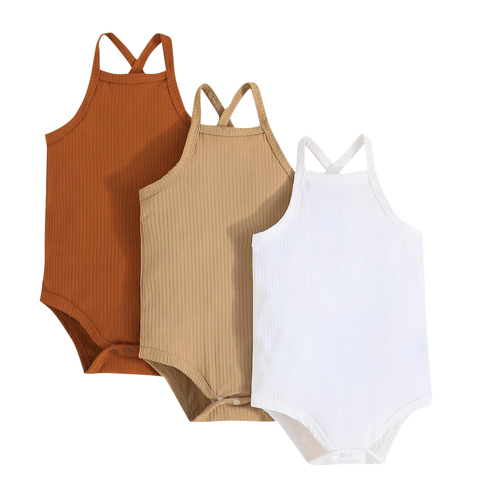 Baby Cotton Bodysuit 3 Pack Sleeveless Ribbed Rompers Cross-Back Basic Onesies Unisex Casual Short Jumpsuits, Khaki, 6 Months