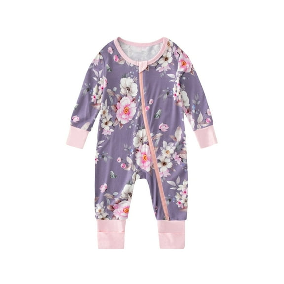 Baby Cotton Bodysuits Zip up Long Sleeve Cute Print Soft Breathable Jumpsuit Toddler Clothes Purple 66