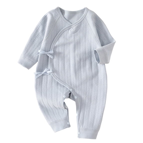 Baby Cotton Kimono Style Romper Girls Boys Long Sleeve Onesie with Side Bow Tie Detail Snap Crotch Infant Comfort Jumpsuit Blue 1-3 Months