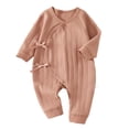 thumbnail image 1 of Baby Cotton Kimono Style Romper Girls Boys Long Sleeve Onesie with Side Bow Tie Detail Snap Crotch Infant Comfort Jumpsuit Brown 3-6 Months, 1 of 6