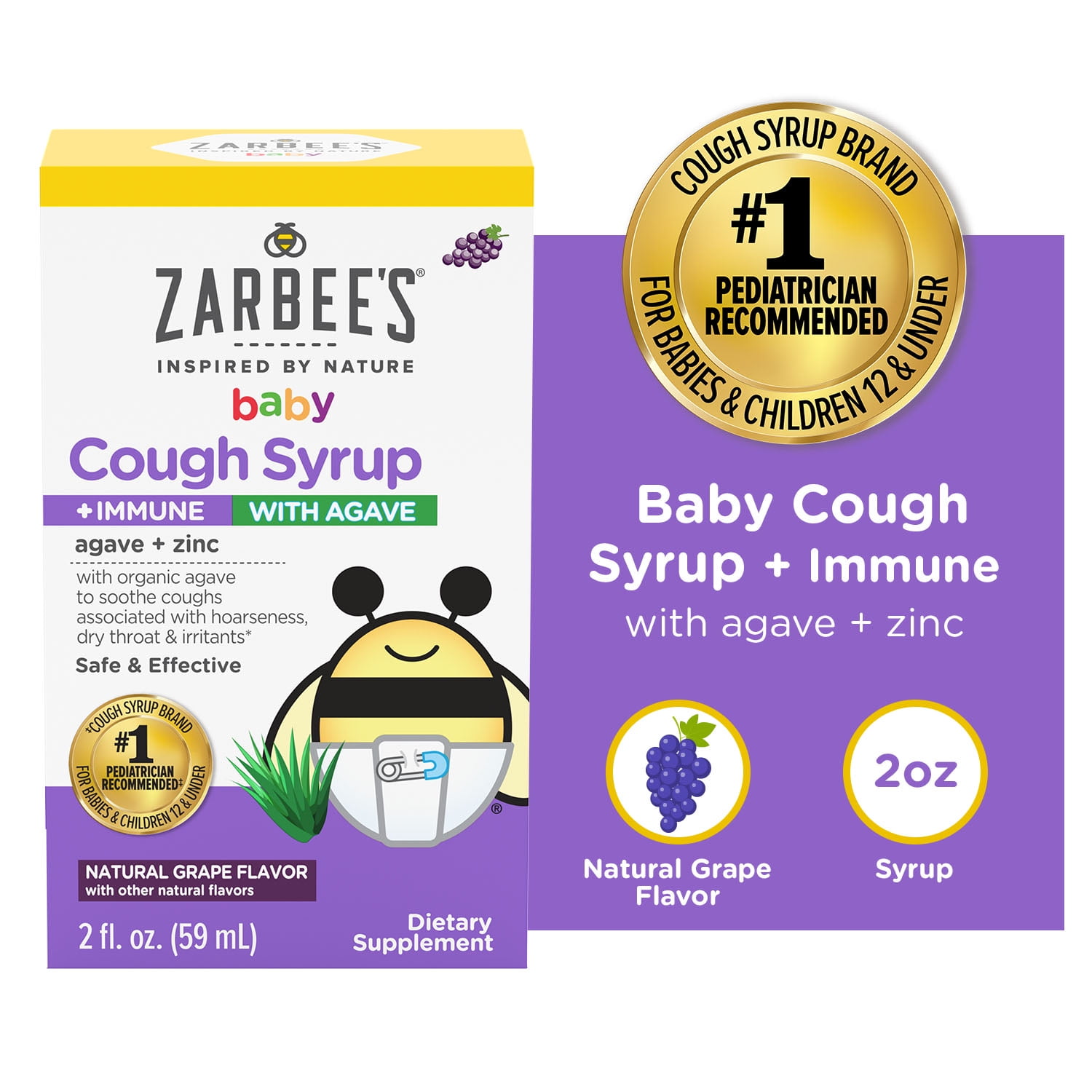 Zarbee's Baby Cough Syrup + Immune with Agave + Zinc, Grape, 2 oz
