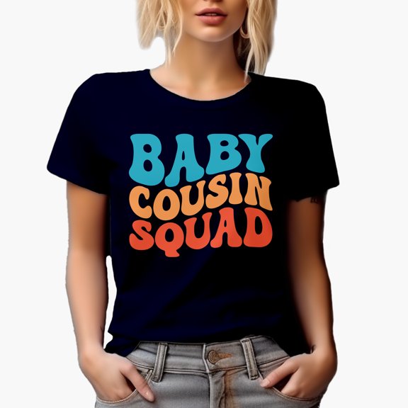 Baby Cousin Squad, Group of Younger Cousins, Groovy Retro Wavy Text Merch Gift, Navy Blue T-Shirt, 2XL