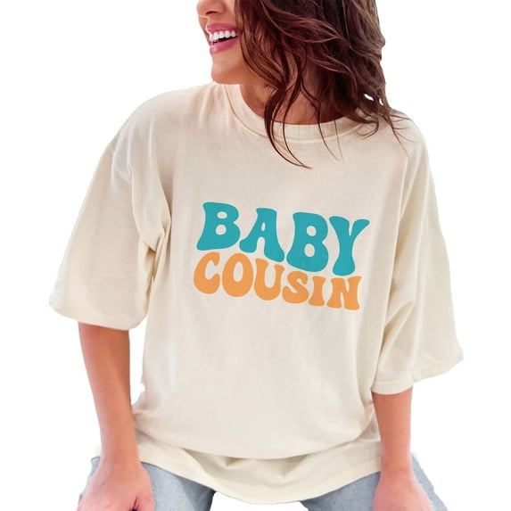 Baby Cousin, Title or Name for Younger Cousins, Groovy Retro Wavy Text, Ivory Comfort Colors T-Shirt, Medium