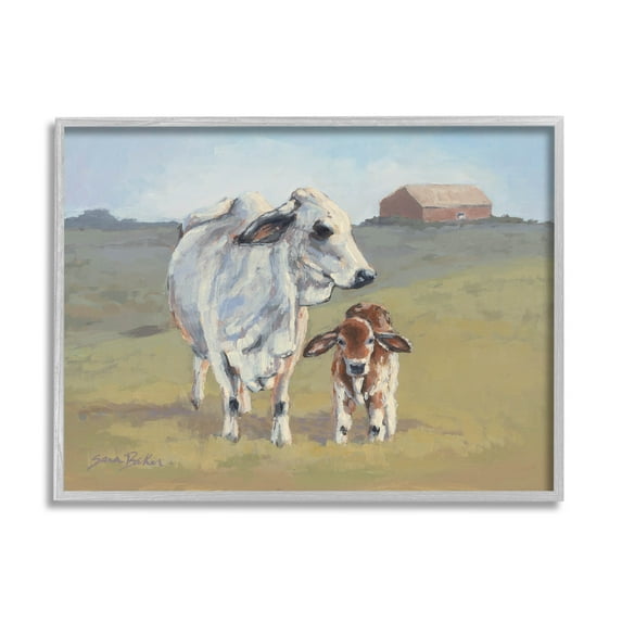 Baby Cow Family Farm Portrait Animals & Insects Painting Gray Framed Art Print Wall Art