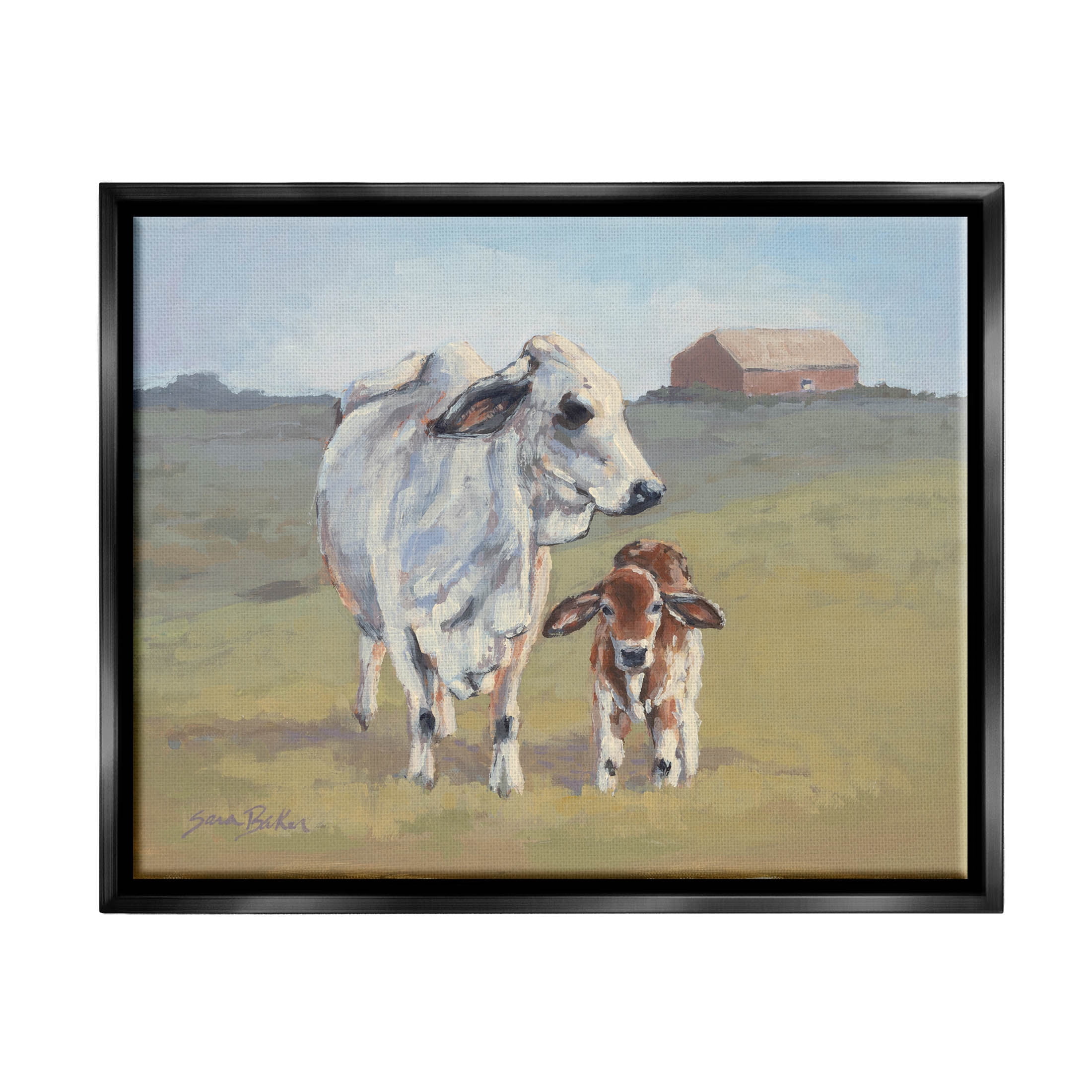 Baby Cow Family Farm Portrait Animals & Insects Painting Jet Black Framed Art Print Wall Art