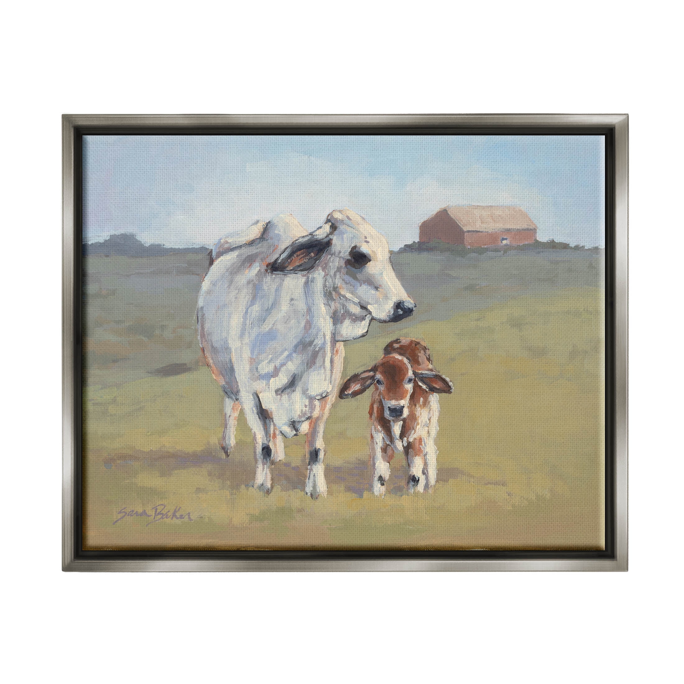 Baby Cow Family Farm Portrait Animals & Insects Painting Luster Gray Framed Art Print Wall Art