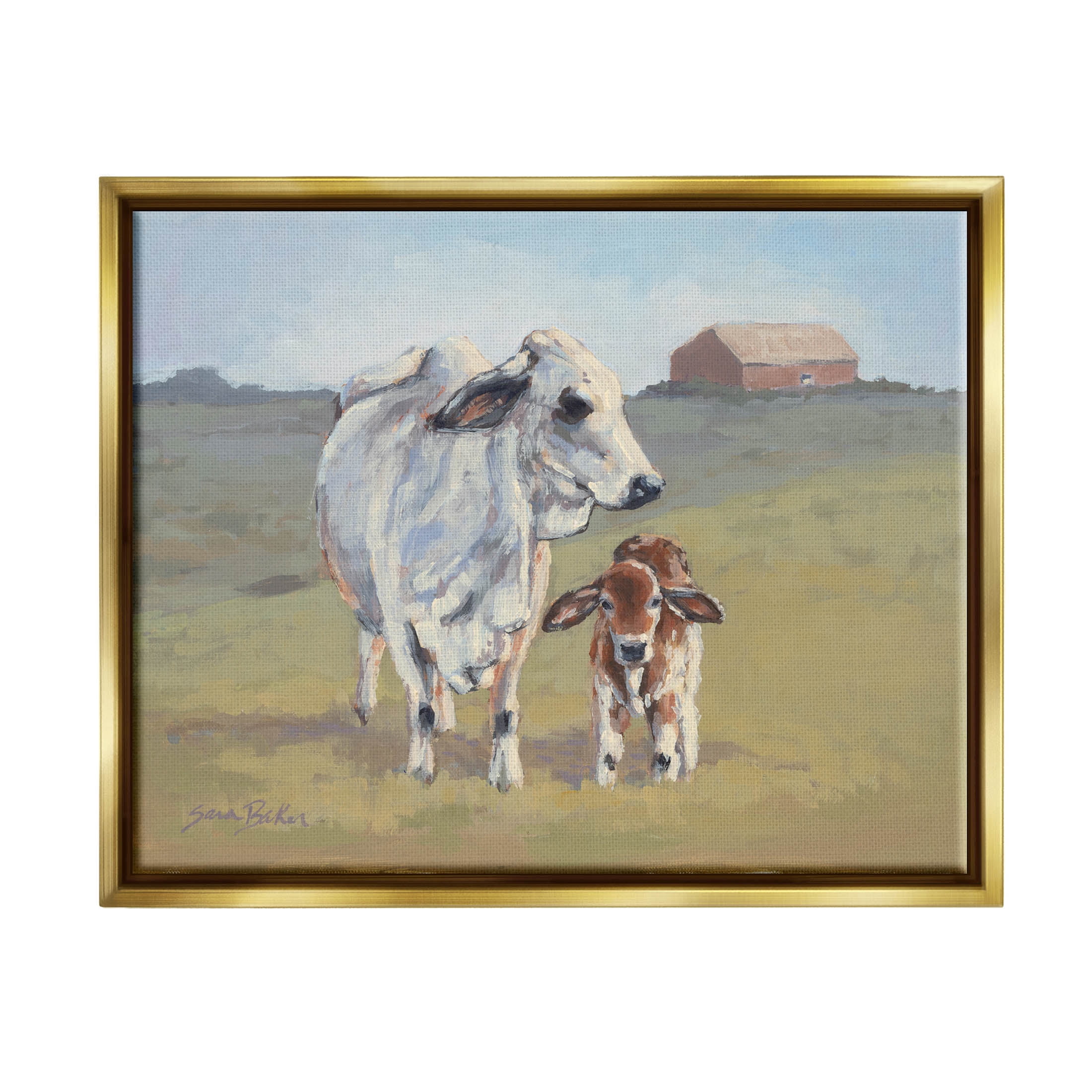 Baby Cow Family Farm Portrait Animals & Insects Painting Metallic Gold Framed Art Print Wall Art