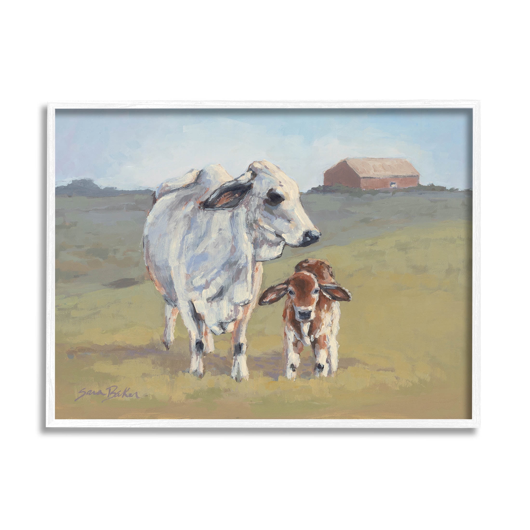Baby Cow Family Farm Portrait Animals & Insects Painting White Framed Art Print Wall Art