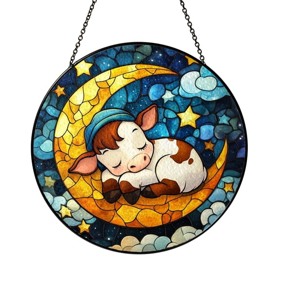 Baby Cow Moon Window Hanging Stained Glass Style Suncatcher Decor, Cute Farm Animal Sun Catcher Ornament for Nursery Window Decoration, Whimsical Farm Theme Decorative Art