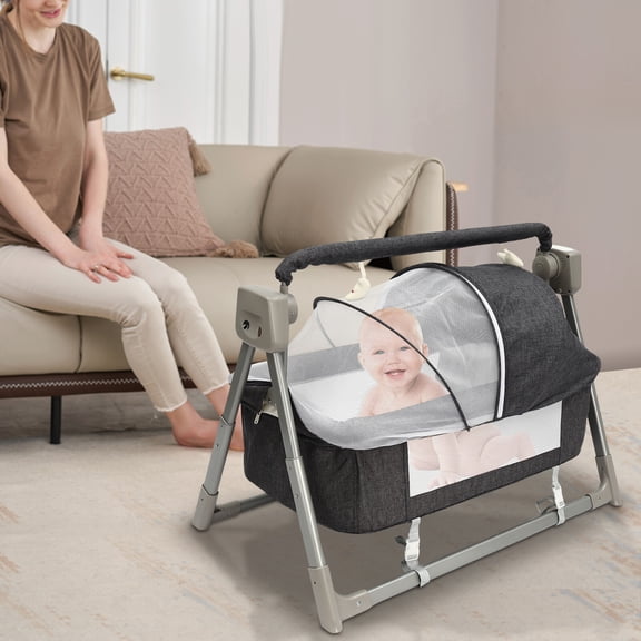 Baby Cradle Swing with Bluetooth Music, 5 Speeds Auto Swing, Foldable Portable Bassinet, Mosquito Net & Toy Rack, for Newborns to 36 Months, Gray