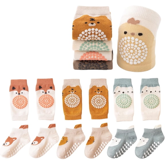 Baby Crawling Anti-Slip Elastic 3 Pairs Knee Pads and 3 Pairs Socks Set,Toddler Knee Protector for Baby Kids Kneepads