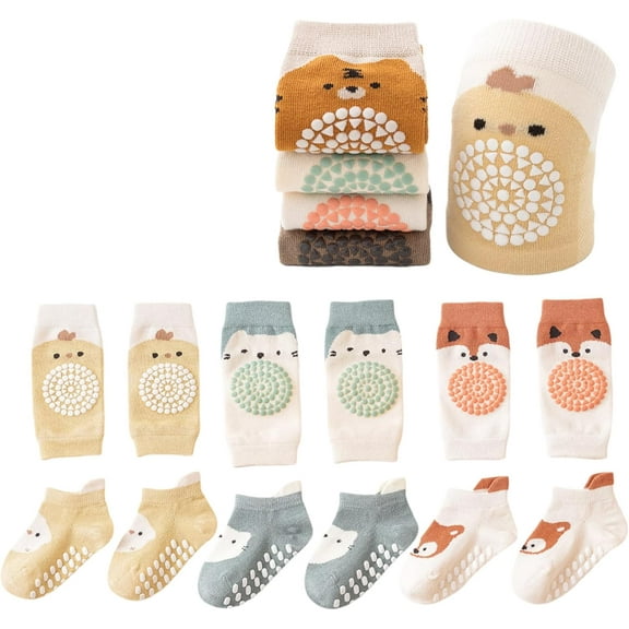 Baby Crawling Anti-Slip Elastic 3 Pairs Knee Pads and 3 Pairs Socks Set,Toddler Knee Protector for Baby Kids Kneepads