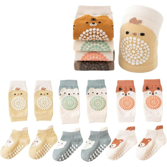 Baby Crawling Anti-Slip Elastic 3 Pairs Knee Pads and 3 Pairs Socks Set,Toddler Knee Protector for Baby Kids Kneepads