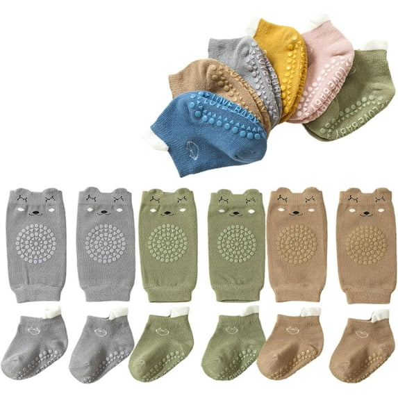 Baby Crawling Anti-Slip Elastic 3 Pairs Knee Pads and 3 Pairs Socks Set,Toddler Knee Protector for Baby Kids Kneepads