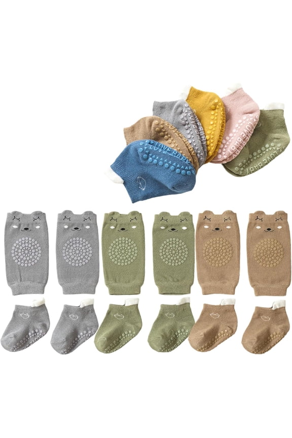 Baby Crawling Anti-Slip Elastic 3 Pairs Knee Pads and 3 Pairs Socks Set,Toddler Knee Protector for Baby Kids Kneepads