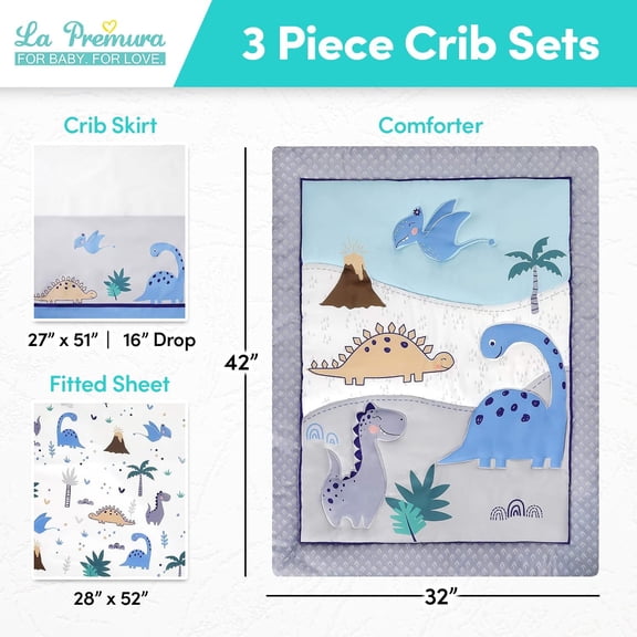 Baby Crib Bedding Set for Boys  Dinosaur 3 Piece Standard Size Nursery Comforter, Grey/Blue Unisex