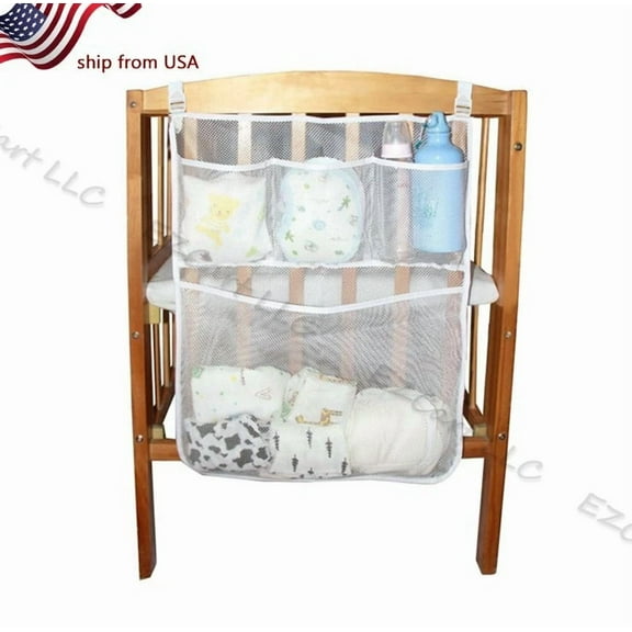 Baby Crib Clothes Diaper Organizer Mesh Bag Nursery Bedside Hanging Storage Bag