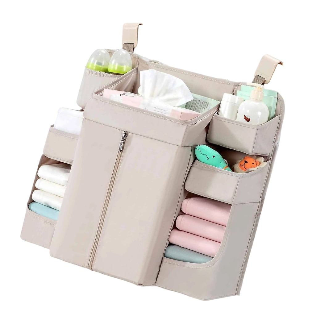Baby Crib Hanging Organizers 6 Compartments Large Zippered Pocket Durable Fabric Nursery Storage Solution