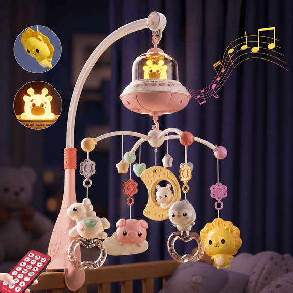 Baby Crib Mobile, Baby Mobile for Crib with Music and Lights Remote Control, Hanging Rotating Animals Rattles, Baby Crib Toys for Girls Toddler, Pink