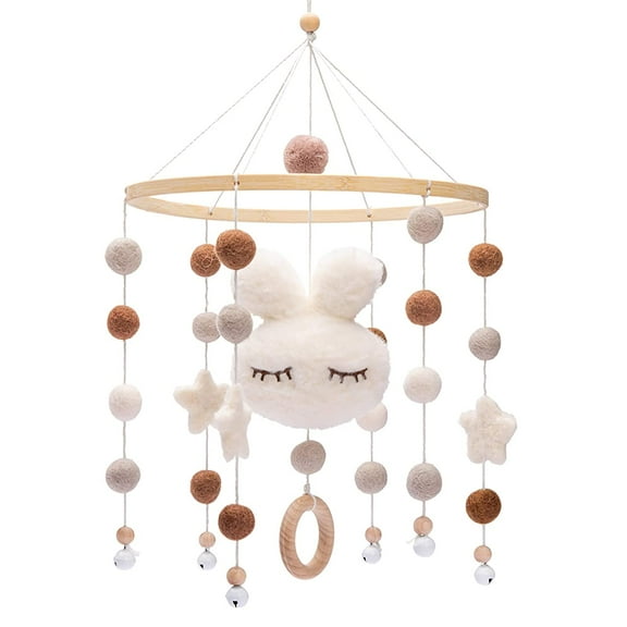 Baby Crib Mobile-Bunny Mobile Handmade Wooden Baby Mobile for Crib with Colorful Cotton Felt Ball Baby Mobile Bassinet Mobile Hanging Toy Mobile for Baby Nursery Decoration Bed Bell Only (White)