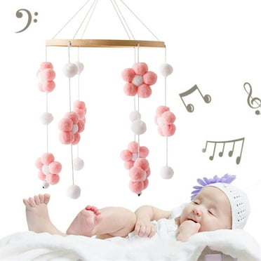 Baby Crib Mobile, Crib Toys Hanging, Boho Baby Mobile, Soothing Musical Crib Mobile with Secure Attaching Hair Balls for Promoting Hearing and Visual Development,Pink